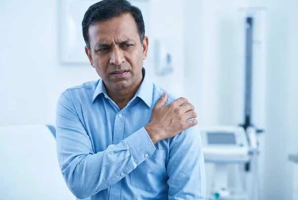 A man holding his outer shoulder in pain