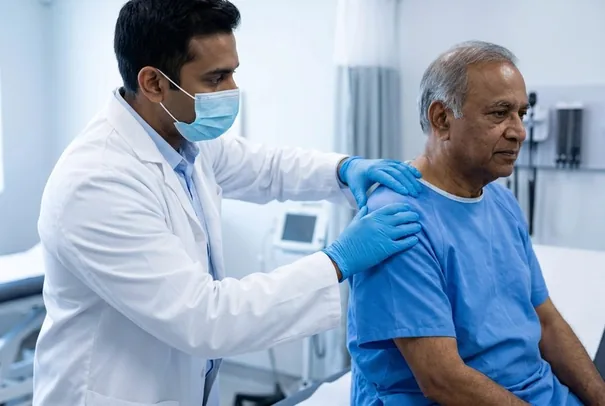 A doctor assessing a patient's shoulder in a clinic