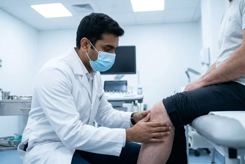 A doctor examining a patient's knee in a clinic